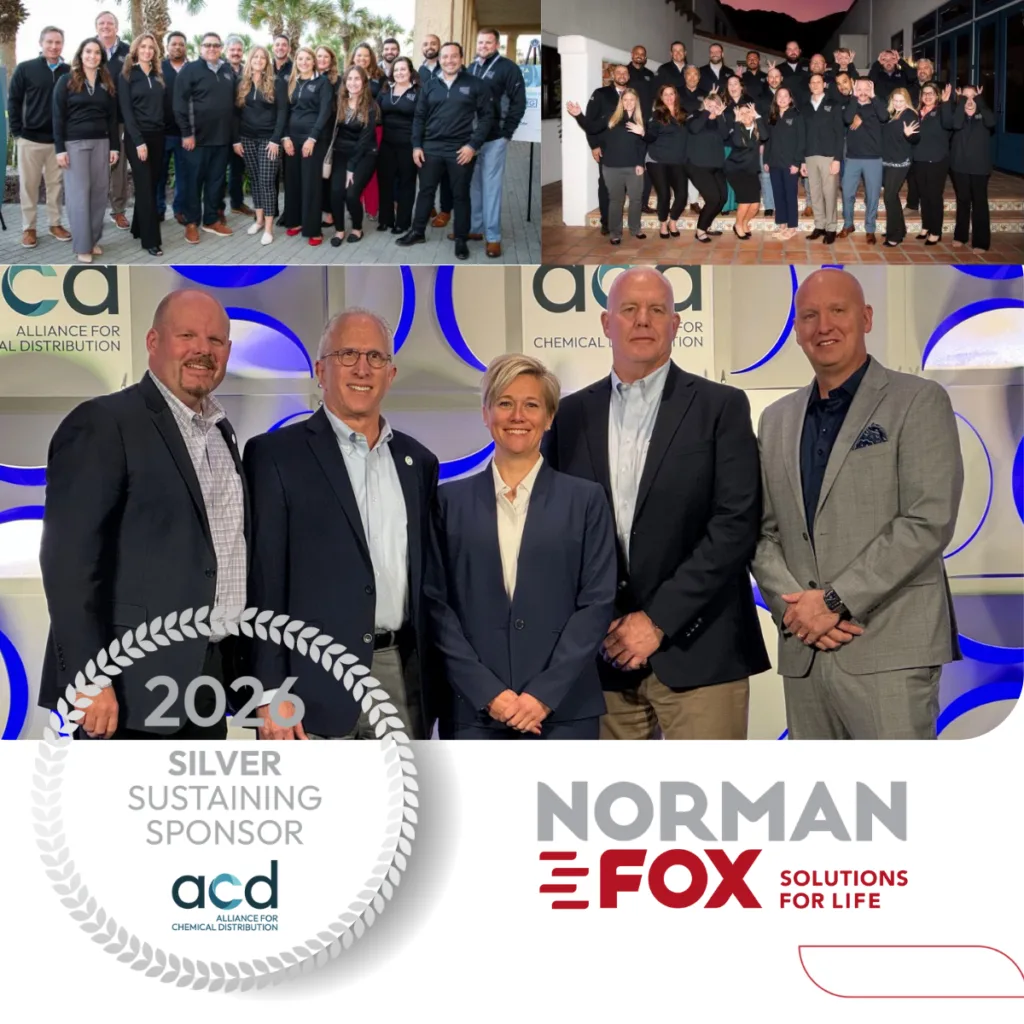 Norman Fox team at an Alliance for Chemical Distribution event, featuring a “2026 Sustaining Silver Sponsor” graphic with ACD and Norman Fox logos.
